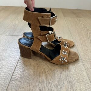 Rebecca Minkoff Sophia Suede Studded Flower Studded Block Heel Sandal